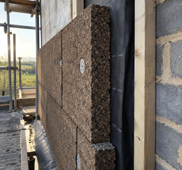 Expanded cork insulation boards installed on an external wall